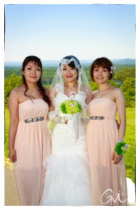 A bride in a white dress and veil holding a bouquet, flanked by two bridesmaids in matching pink dresses, posing outdoors with a scenic green landscape at Quabbin Tower in the background.