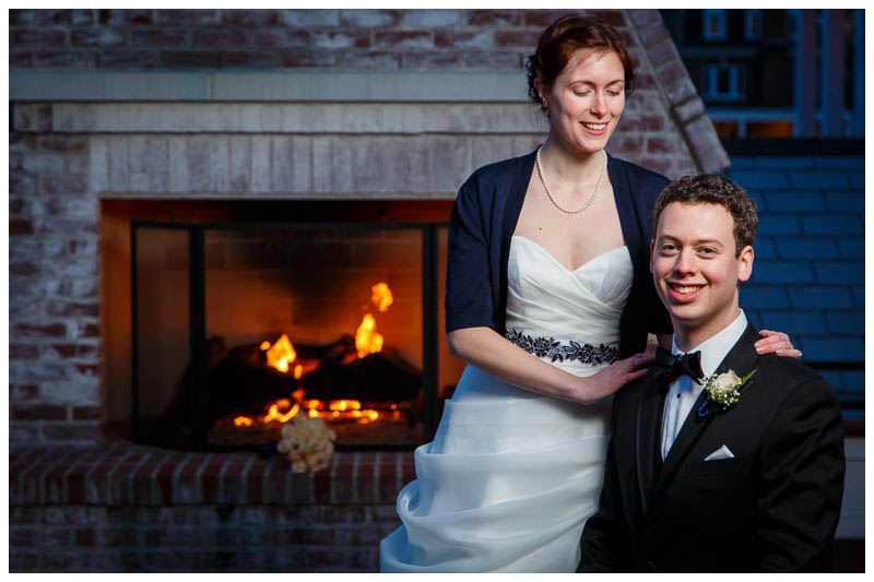 Bride and Groom Portrait by Fireplace
