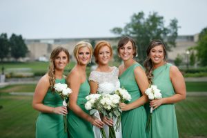 Bride and Bridesmaids on Umass Amherst Campus in background