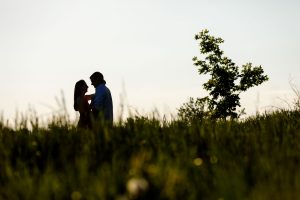 Silhouette of a couple standing close in a field at sunset, with a single tree in the background for their Western Ma Wedding Photography.