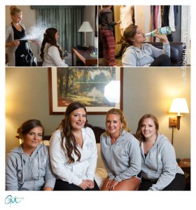 Bride Hair spray, Maid of honor jugging champagne, Bridal party in matching sweatshirts