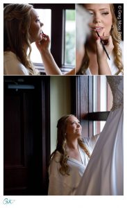 Bride viewing dress before during getting ready and photos of makeup being applied
