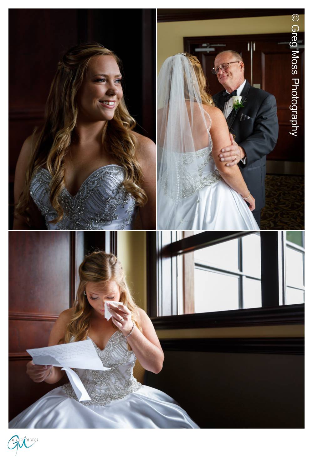 Bride reading letter from groom, first look with father and window light portrait