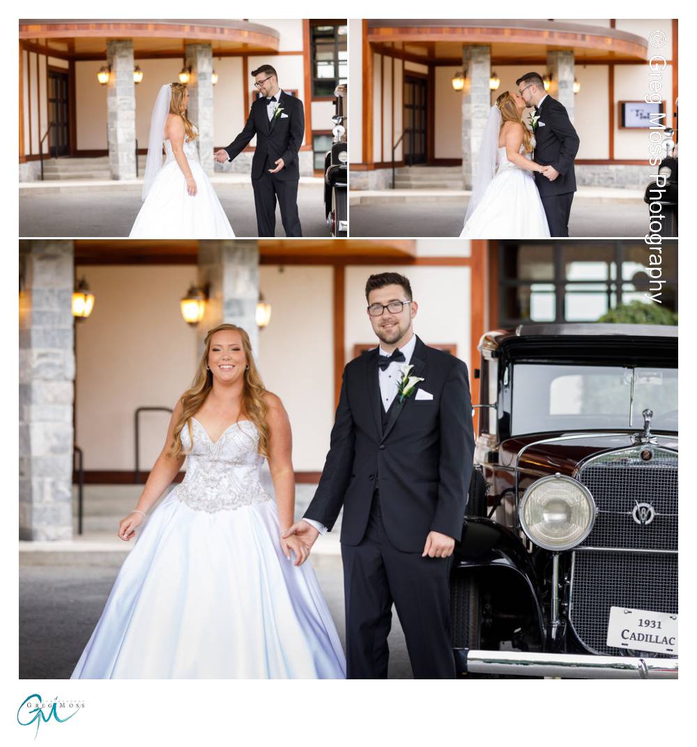 Bride and Groom first look photos in front of vintage cadillac
