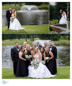 Wedding party photo in front of pond on Twins Hills Golf course