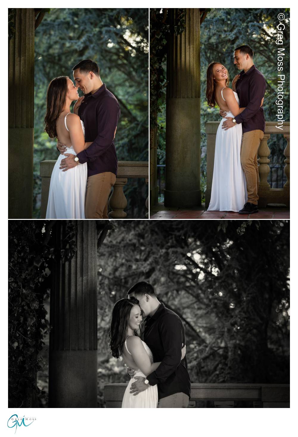 Engaged couple kissing among the columns and ivy