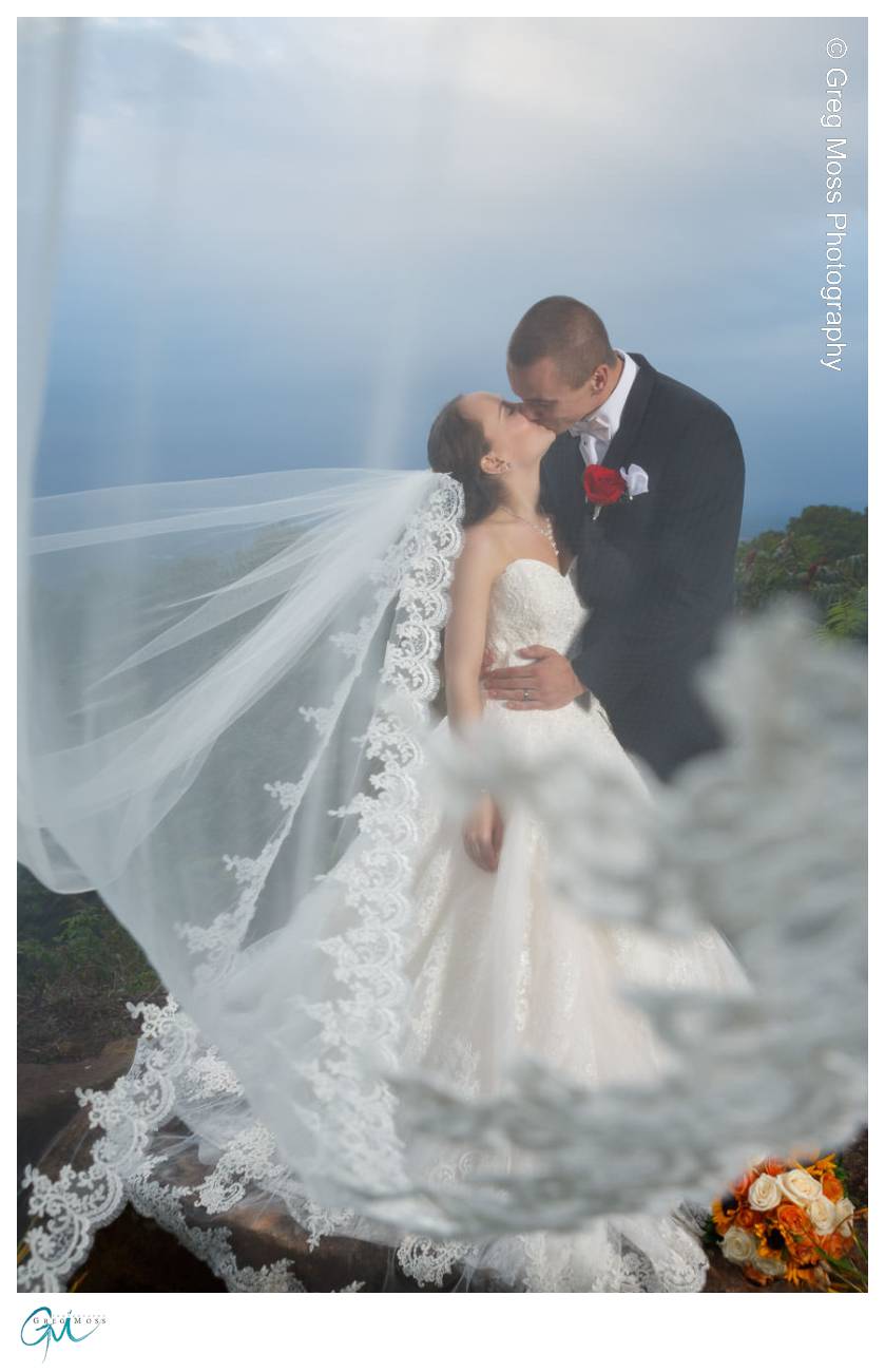 Bride and groom kissing on mountain view with veil in foreground