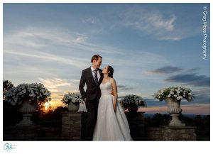 Bride and groom at sunset