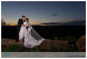 Wedding day sunset photo with Bride and Groom at the Log cabin in Holyoke